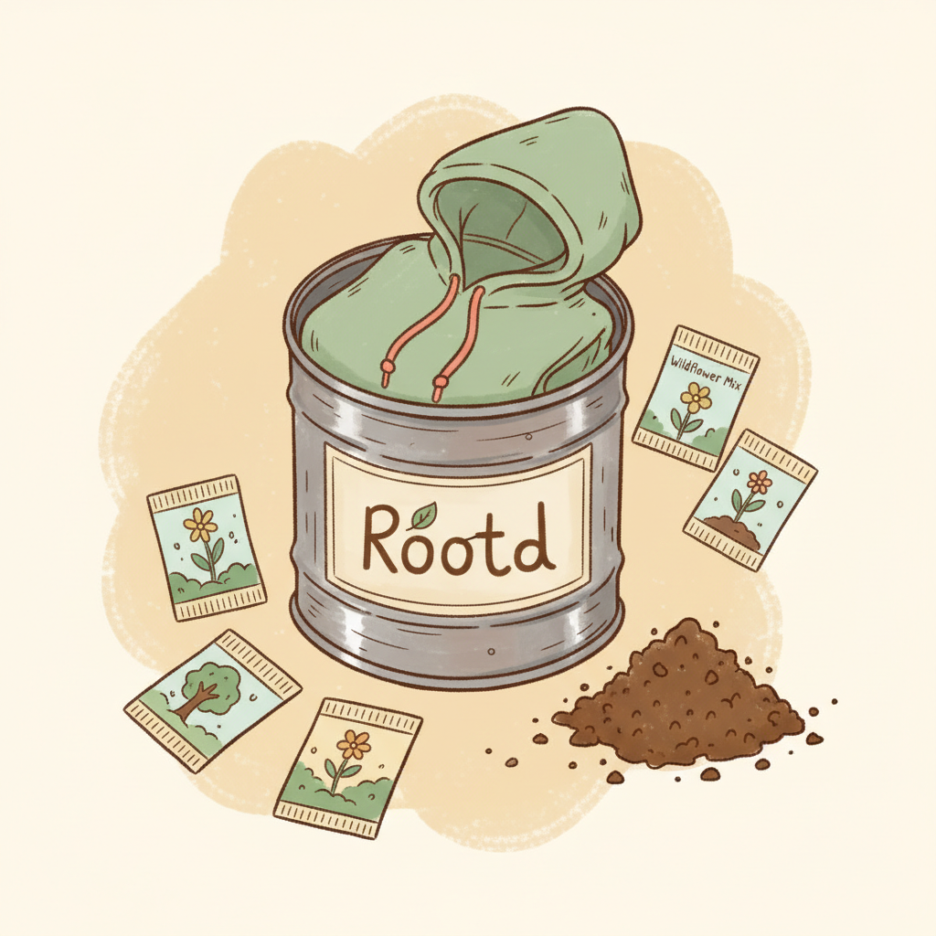 The Rootd Hoodie in a biodegradable can with seeds and soil